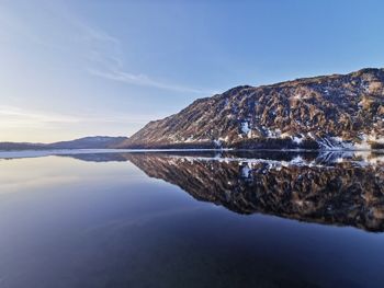 Scenic view of lake by mountains against sky