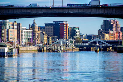 Bridge over river with buildings in background