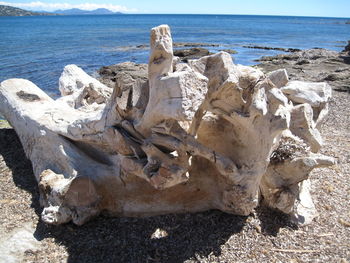 Close-up of sand on beach against sky