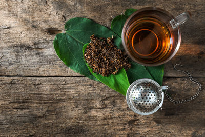 High angle view of tea cup on table