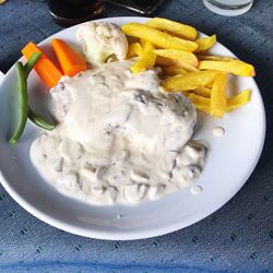 High angle view of meal served on table