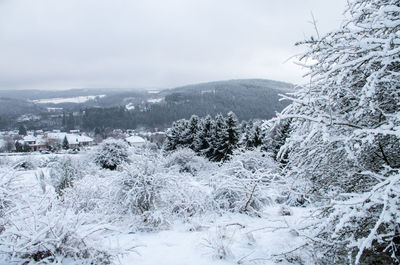 Snow covered landscape against sky