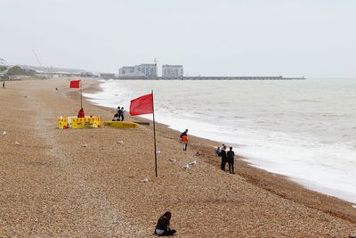 People on beach against clear sky