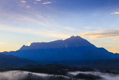 Scenic view of mountains against sky during sunset