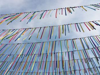 Low angle view of multi colored roof against sky