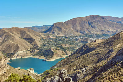 Panoramic view of lake and mountains against blue sky