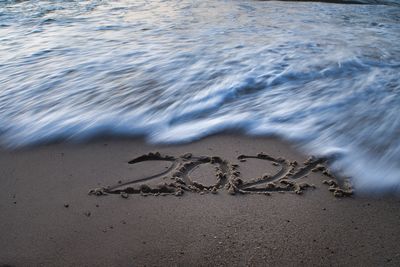 High angle view of text on beach