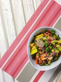 High angle view of salad in bowl on table