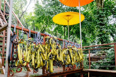 Low angle view of harness hanging on railing by parasols in forest