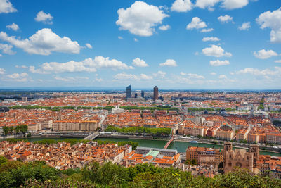 High angle shot of townscape against sky