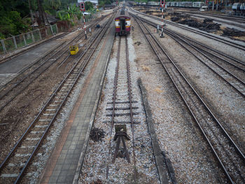 High angle view of train at railroad station