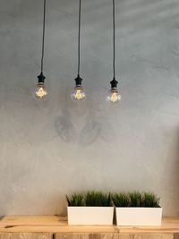 Low angle view of illuminated light bulbs hanging from ceiling