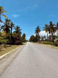 Road by trees against blue sky