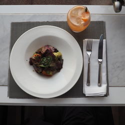 High angle view of breakfast served on table