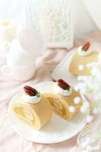 High angle view of dessert in plate on table