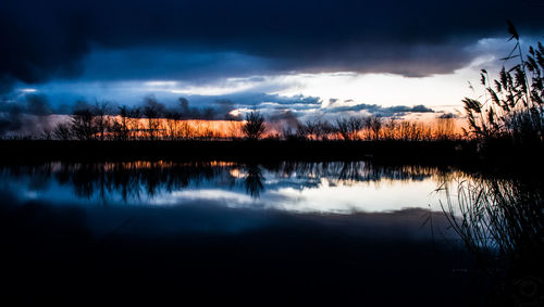 Scenic view of lake against sky at sunset