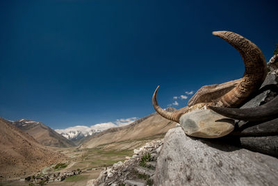 Low angle view of rocks against blue sky