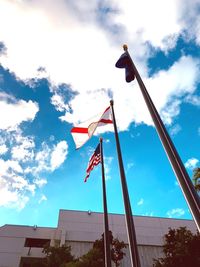 Low angle view of flag on building against sky