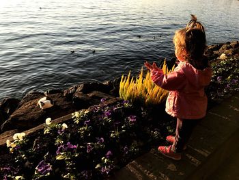 Rear view of woman standing by sea at sunset