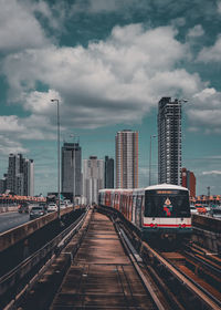 Railroad tracks amidst buildings in city against sky