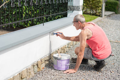 Middle aged man paints fence white paint with brush on summer day, repairs the damaged surface, 