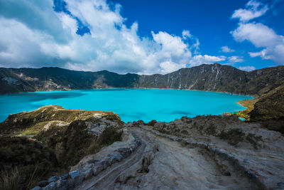 Scenic view of lake against cloudy sky