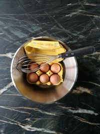 High angle view of eggs in container