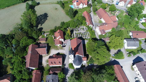 High angle view of houses in town