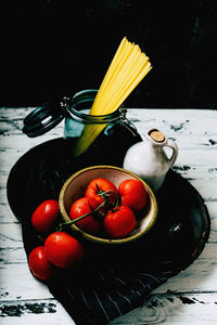 High angle view of fruits in bowl on table