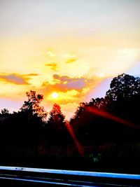 Silhouette trees by road against sky during sunset