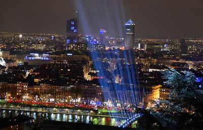 Skyscrapers in city at night