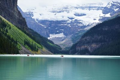 Scenic view of lake by snowcapped mountains