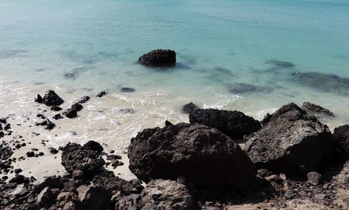 High angle view of rocks on beach