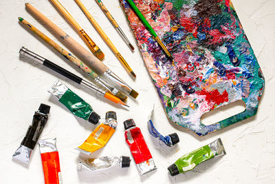 High angle view of objects on table