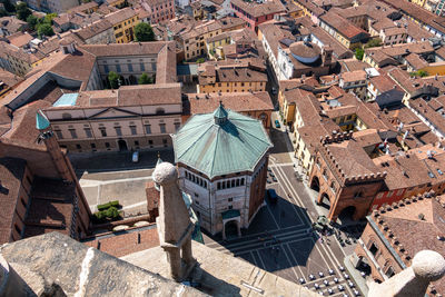 The historic center of cremona seen from the top of torrazzo, the famous bell tower of the cathedral