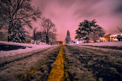 Road amidst trees during winter at night