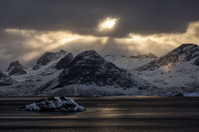 Scenic view of snowcapped mountains against sky during sunset