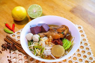 High angle view of food in plate on table