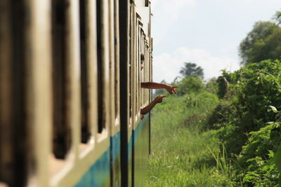 Cropped hands of children in train