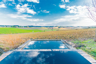 Scenic view of farm against sky