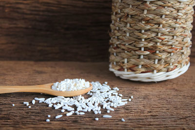 High angle view of wicker basket on table