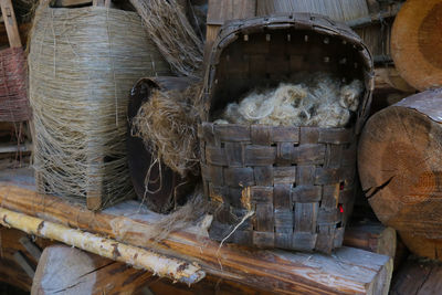 Stack of fibers on wicker basket