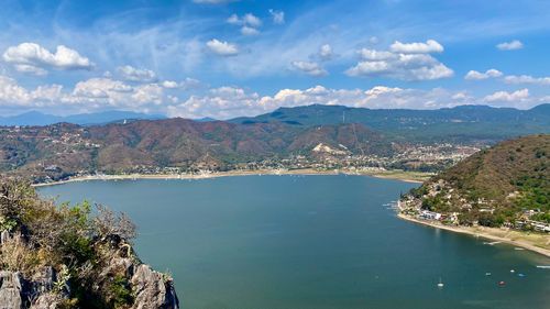 High angle view of bay against sky