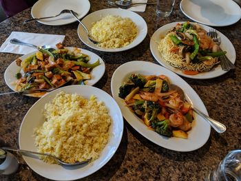 High angle view of meal served on table