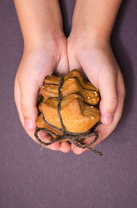 High angle view of human hand holding cookies