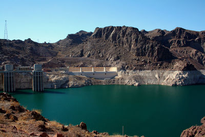 Scenic view of lake and mountains against clear sky