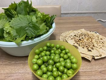 High angle view of fruits in plate on table