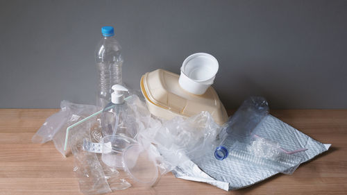 High angle view of bottles on table