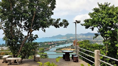 Scenic view of sea and mountains against sky