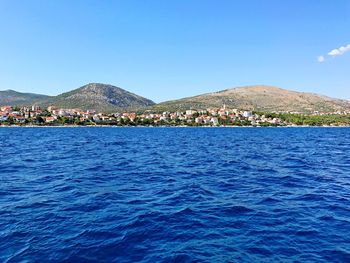 Scenic view of sea against clear blue sky